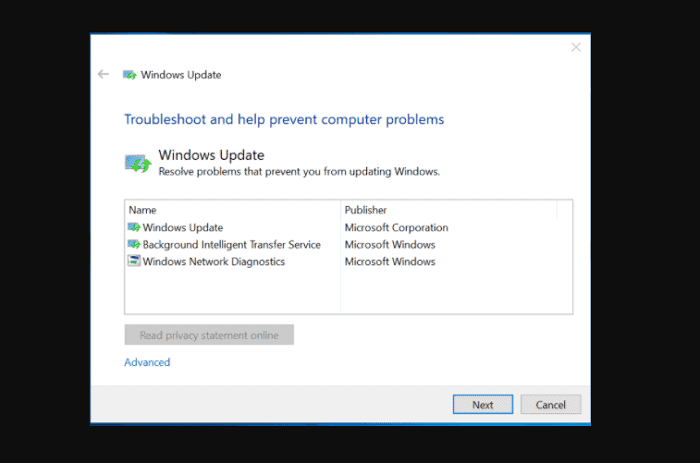 running windows update troubleshooter 0x8000ffff 
