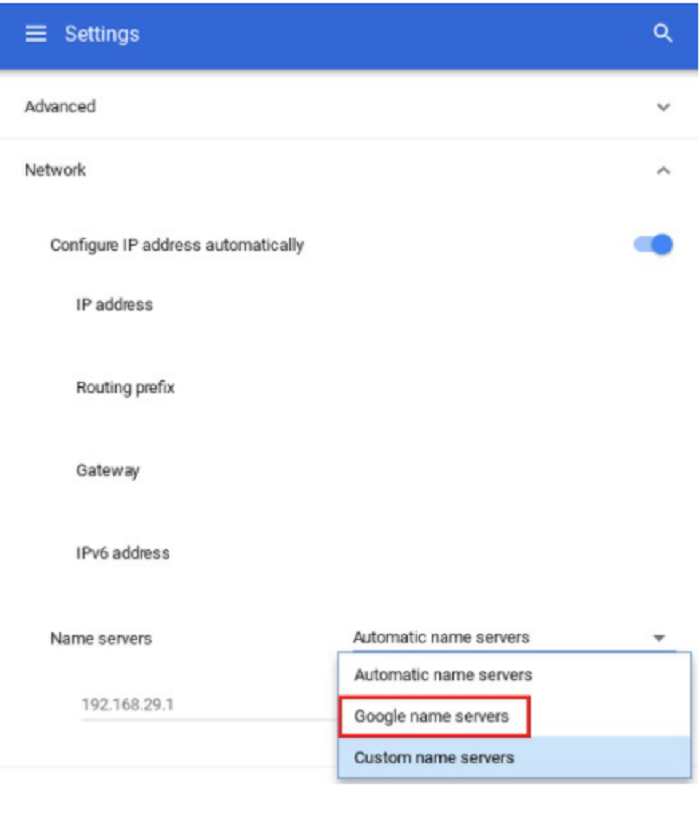 google name servers DHCP lookup failed
