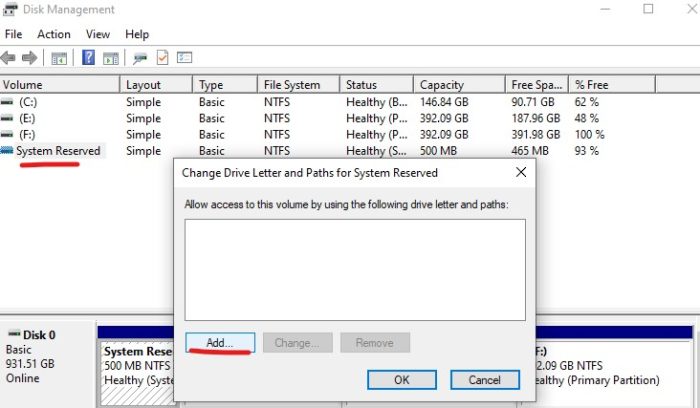 change drive letter of system reserved partition