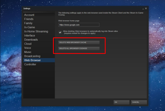 delete cookies cache from steam