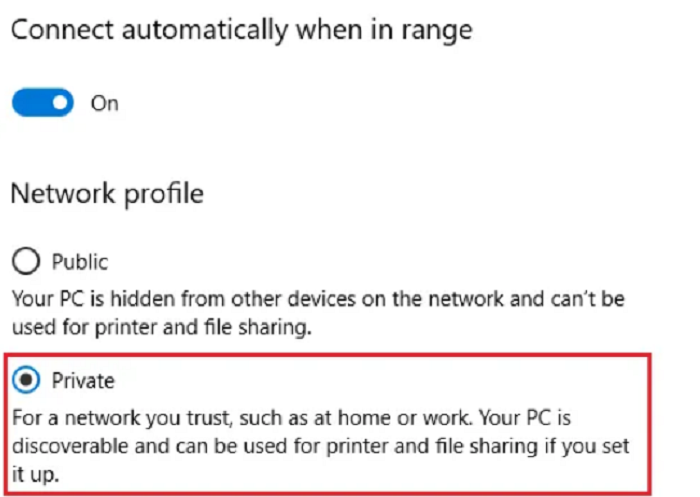 select private (fix windows doesn't have a network profile for this device error)