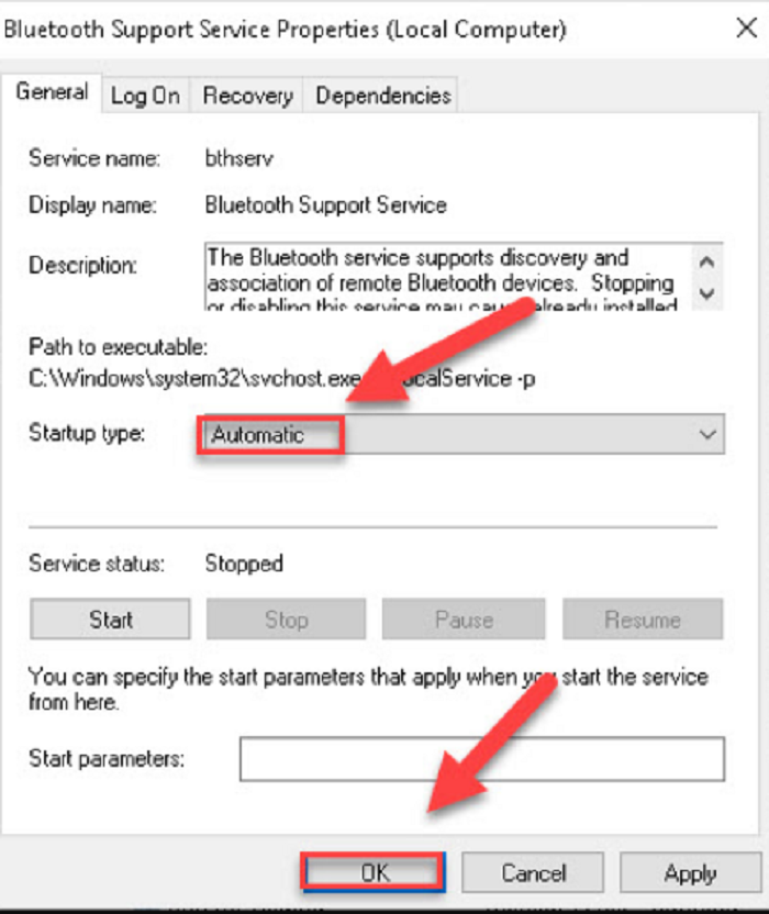 select type automatic and click ok (solve bluetooth not detecting devices on windows 10)