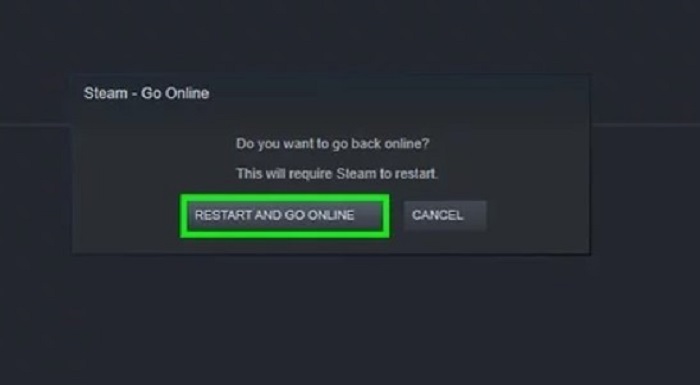 restart and go online on steam